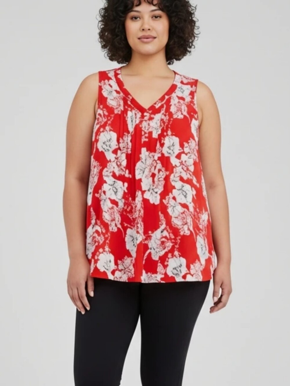 Rose + Olive Magenta Floral Sleeveless Pintuck Button V-Neck Blouse Top 2X NEw